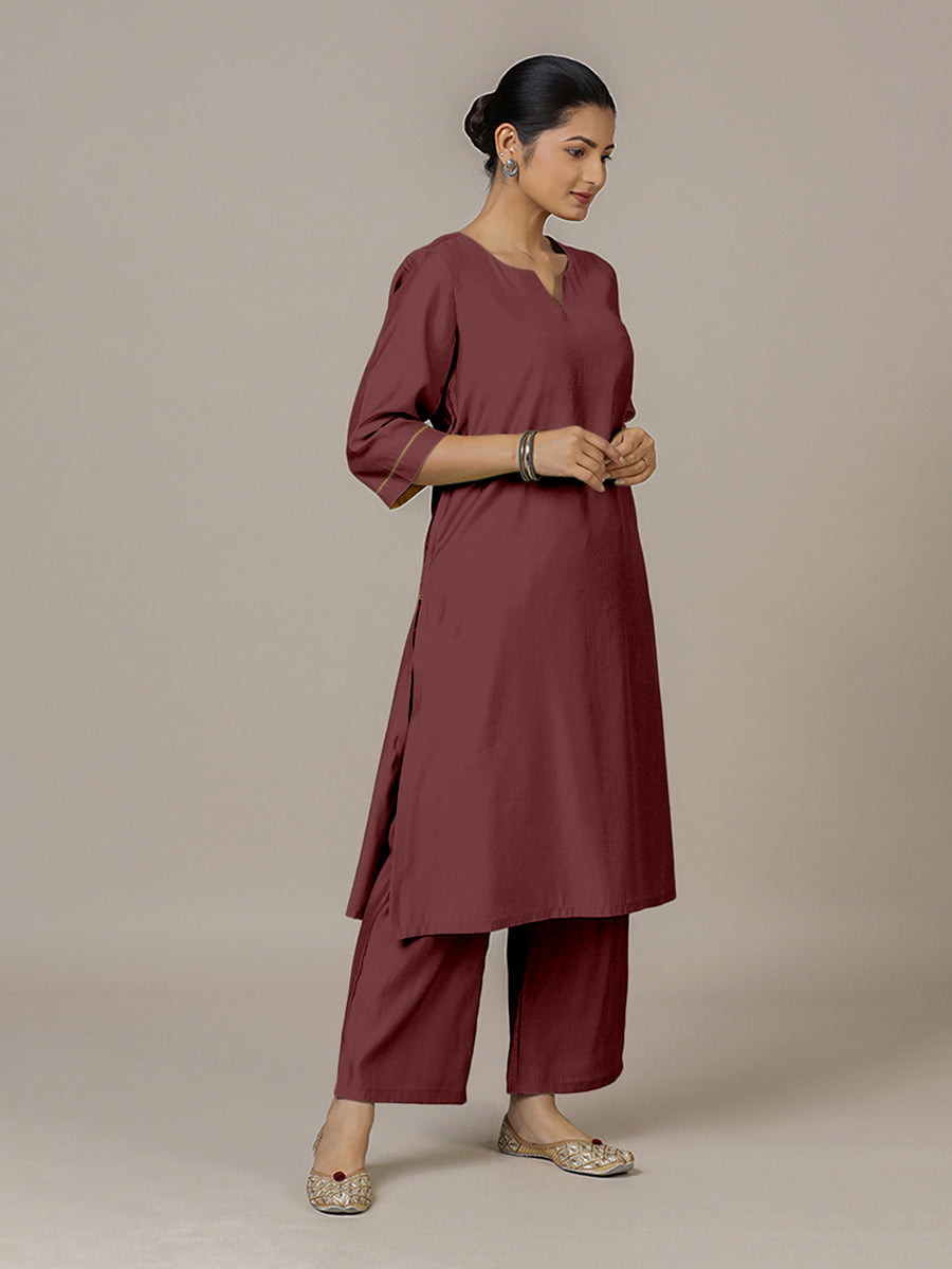 Sadaf x Rozaana Kurta, in Maroon Viscose, featuring three quarter sleeves and round neck with splitline (view 8).