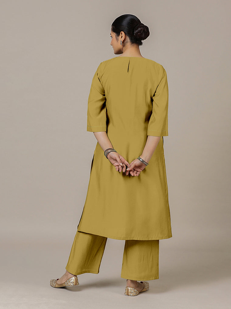 Sadaf x Rozaana Kurta, in Yellow Viscose, featuring three quarter sleeves and round neck with splitline (view 2).