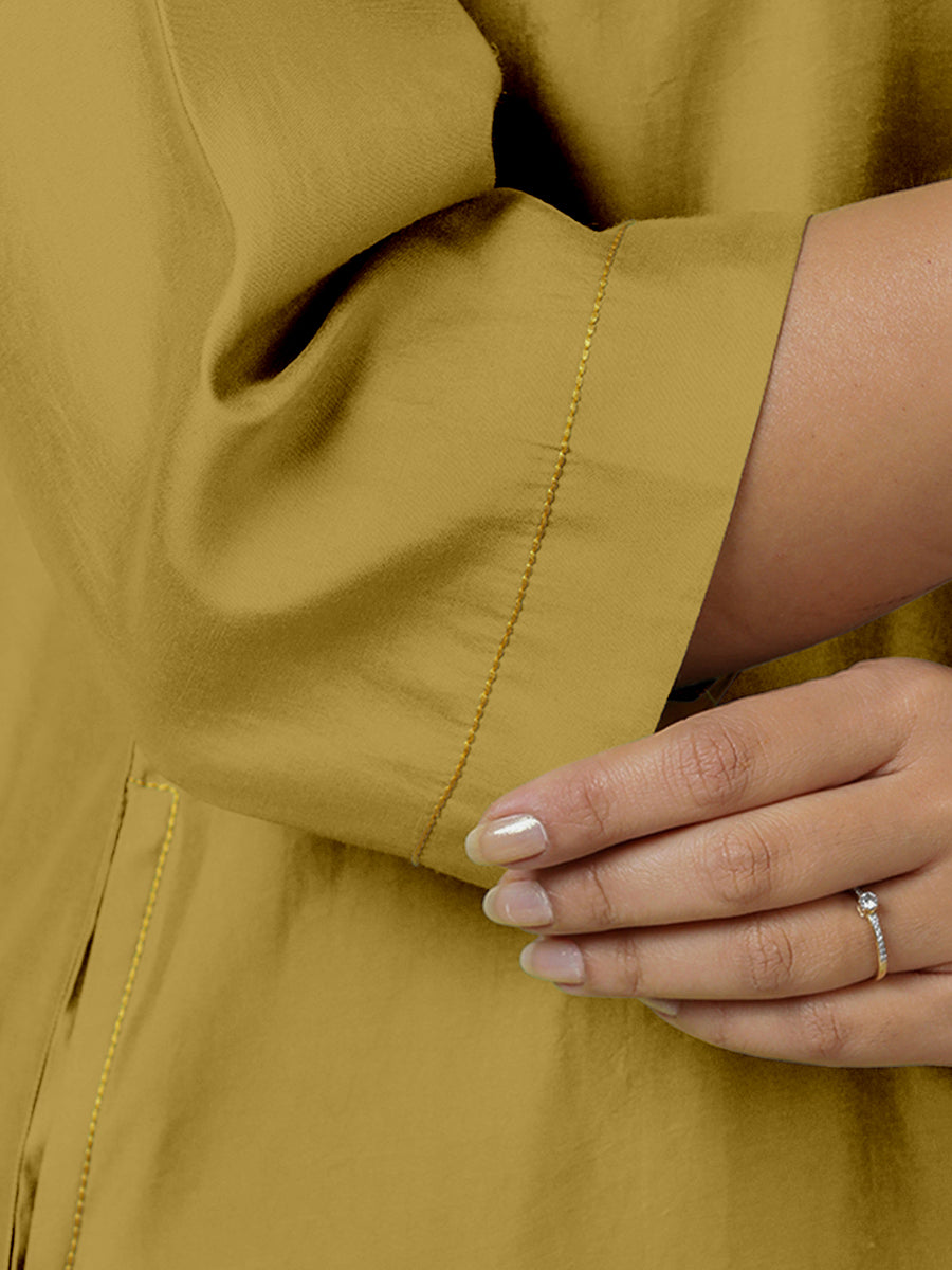 Sadaf x Rozaana Kurta, in Yellow Viscose, featuring three quarter sleeves and round neck with splitline (view 3).
