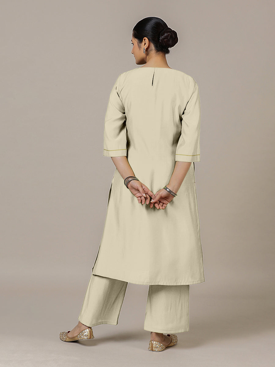 Sadaf x Rozaana Kurta, in Cream Viscose, featuring three quarter sleeves and round neck with splitline (view 2).