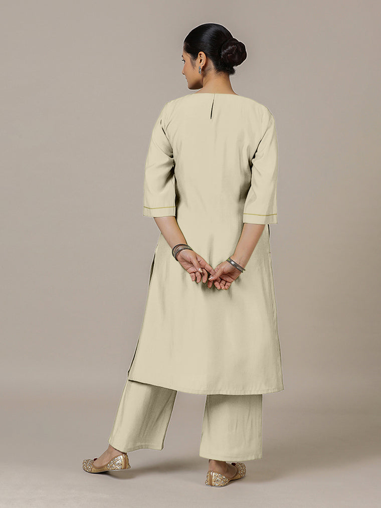 Sadaf x Rozaana Kurta, in Cream Viscose, featuring three quarter sleeves and round neck with splitline (view 2).