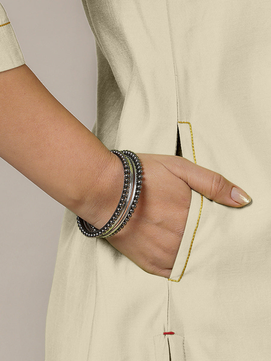 Sadaf x Rozaana Kurta, in Cream Viscose, featuring three quarter sleeves and round neck with splitline (view 5).