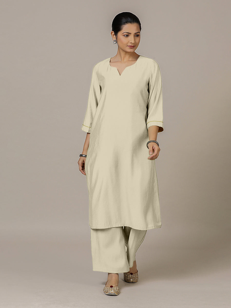 Sadaf x Rozaana Kurta, in Cream Viscose, featuring three quarter sleeves and round neck with splitline (view 6).