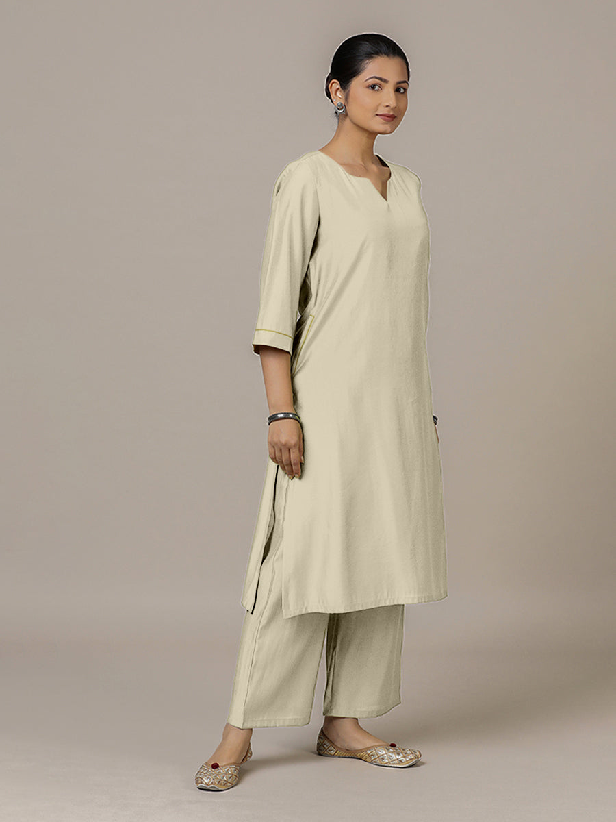 Sadaf x Rozaana Kurta, in Cream Viscose, featuring three quarter sleeves and round neck with splitline (view 7).