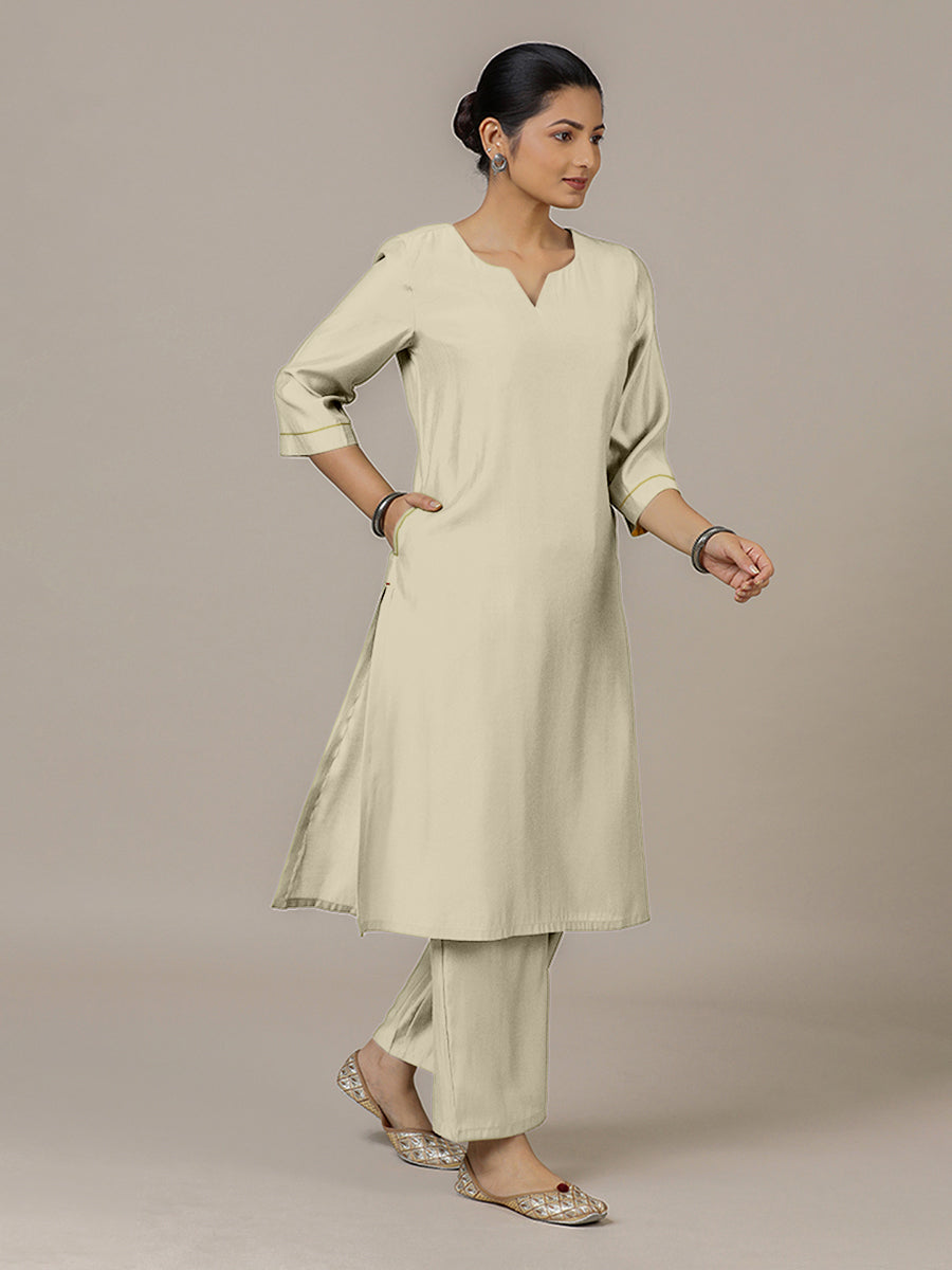 Sadaf x Rozaana Kurta, in Cream Viscose, featuring three quarter sleeves and round neck with splitline (view 8).