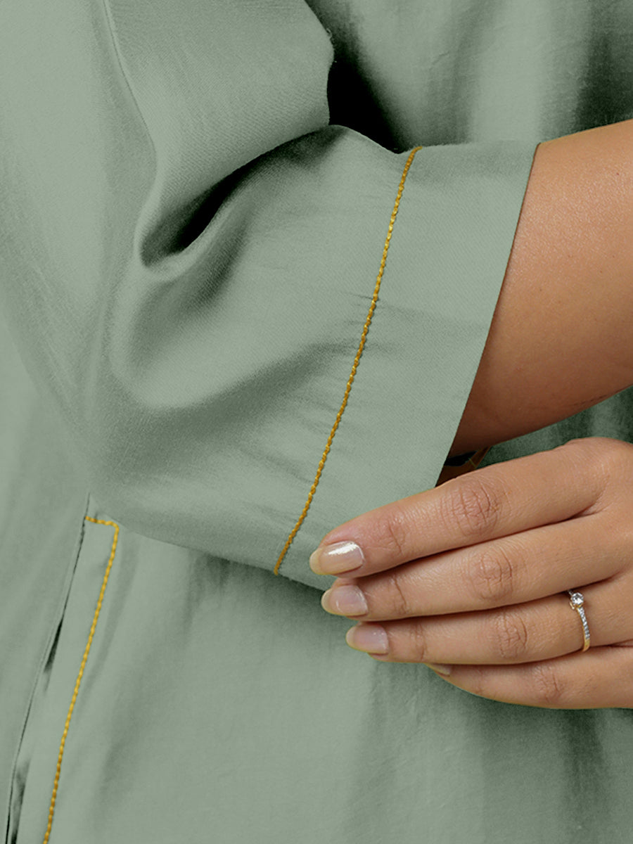 Sadaf x Rozaana Kurta, in Green Viscose, featuring three quarter sleeves and round neck with splitline (view 3).