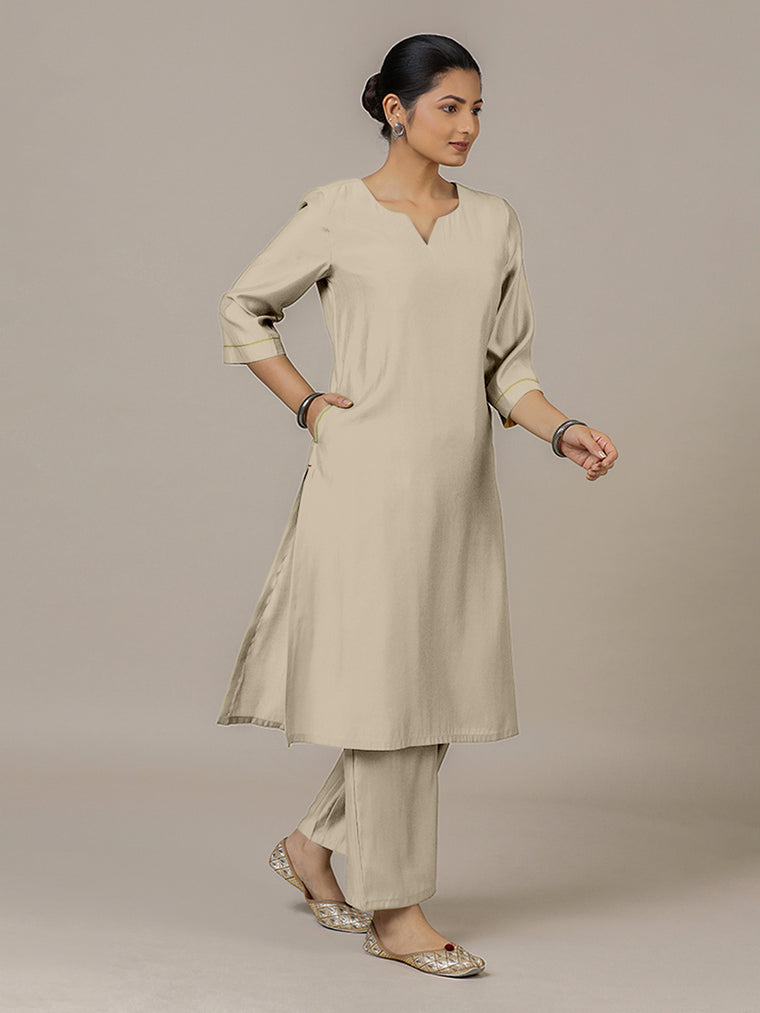 Sadaf x Rozaana Kurta, in Grey Viscose, featuring three quarter sleeves and round neck with splitline, made for daily & work.