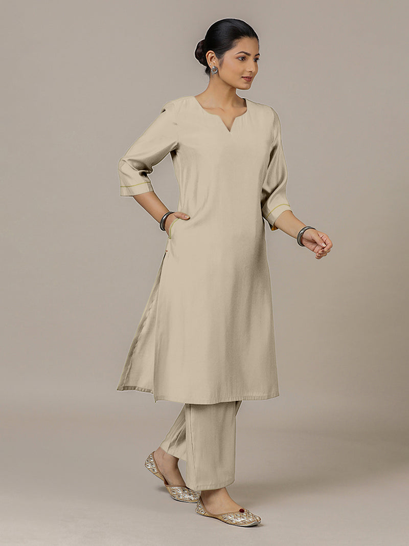 Sadaf x Rozaana | A Line Kurta in Oyster Grey with Thread Work | Coords or Only Kurta-Binks