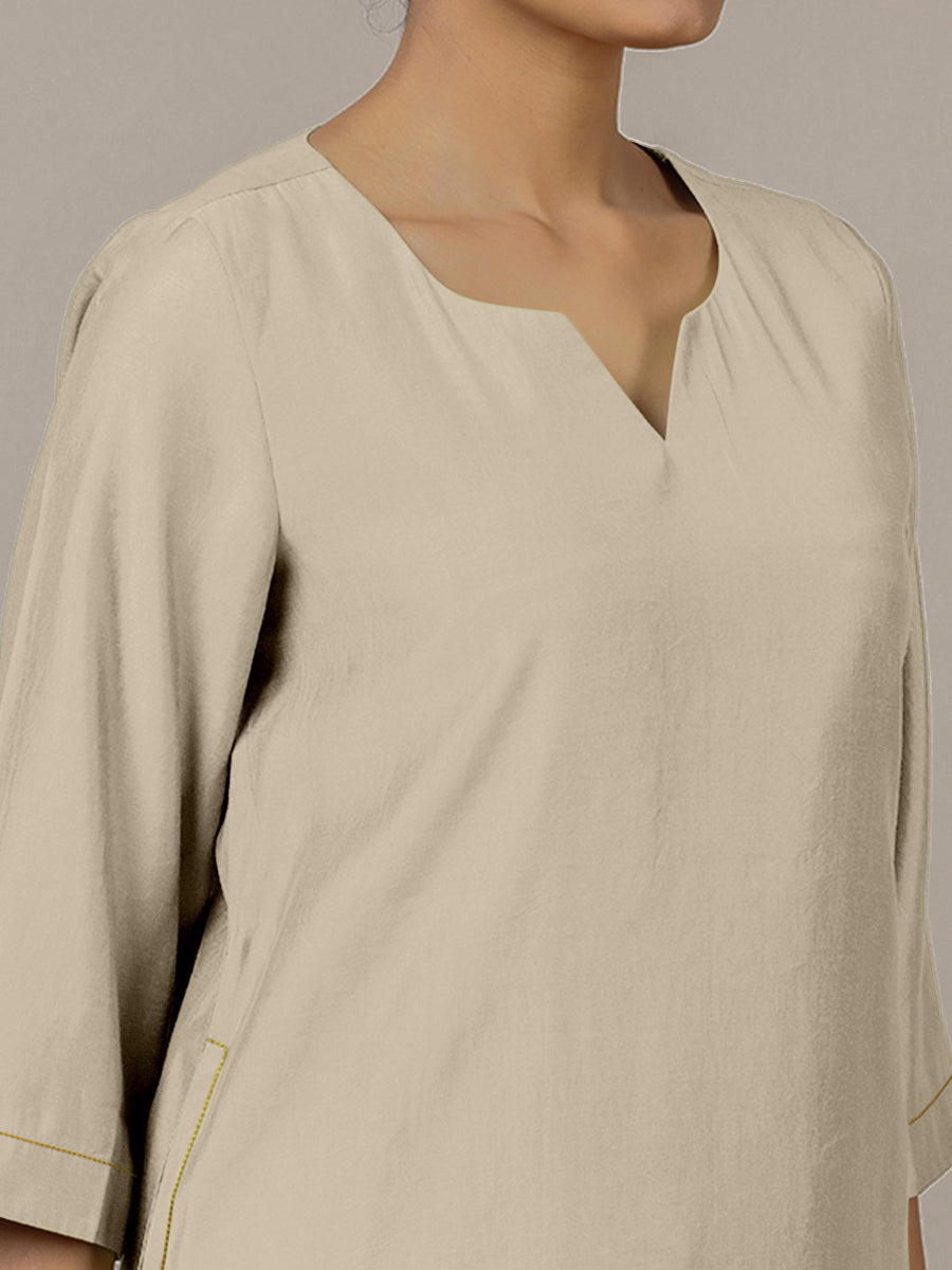 Sadaf x Rozaana Kurta, in Grey Viscose, featuring three quarter sleeves and round neck with splitline, made for daily & work.