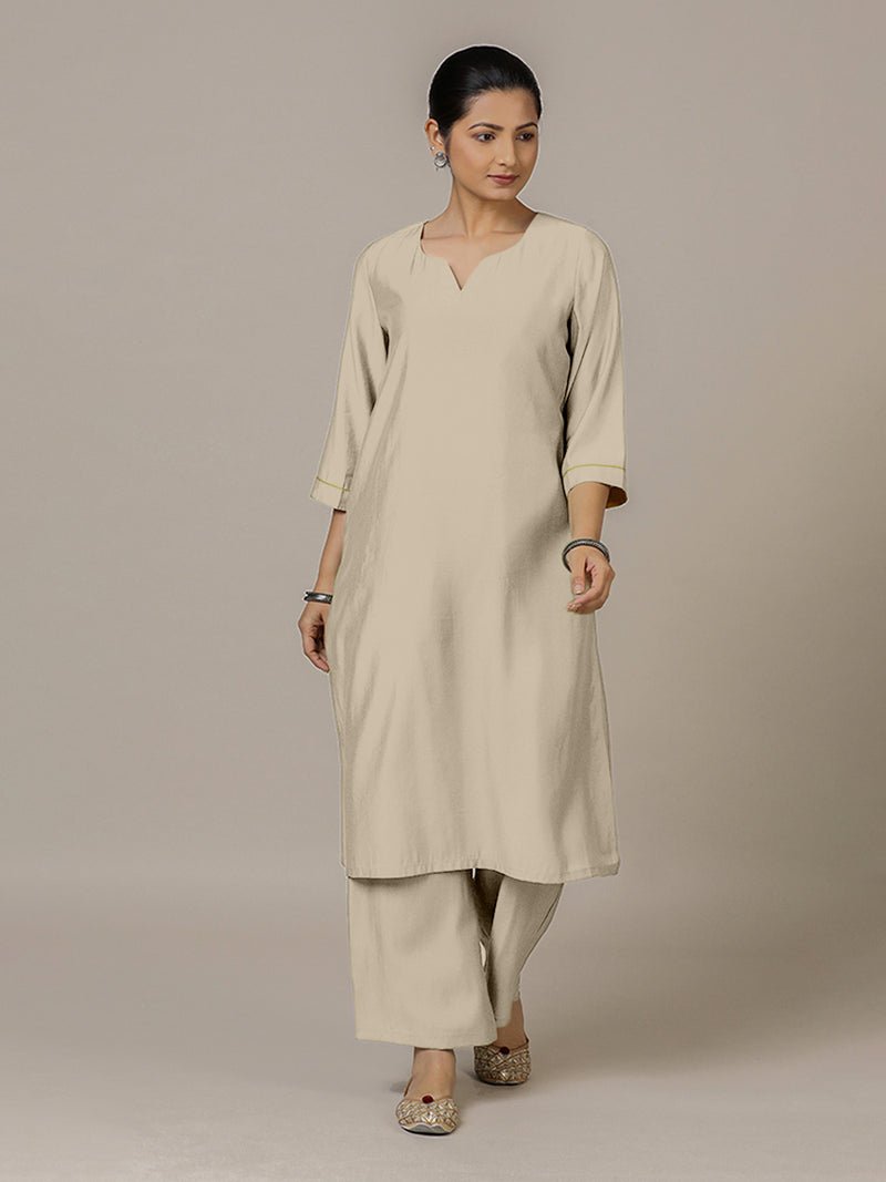 Sadaf x Rozaana | A Line Kurta in Oyster Grey with Thread Work | Coords or Only Kurta-Binks