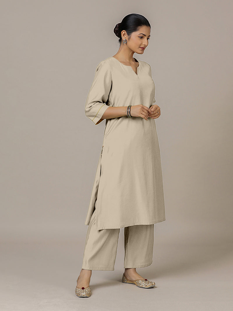 Sadaf x Rozaana | A Line Kurta in Oyster Grey with Thread Work | Coords or Only Kurta-Binks