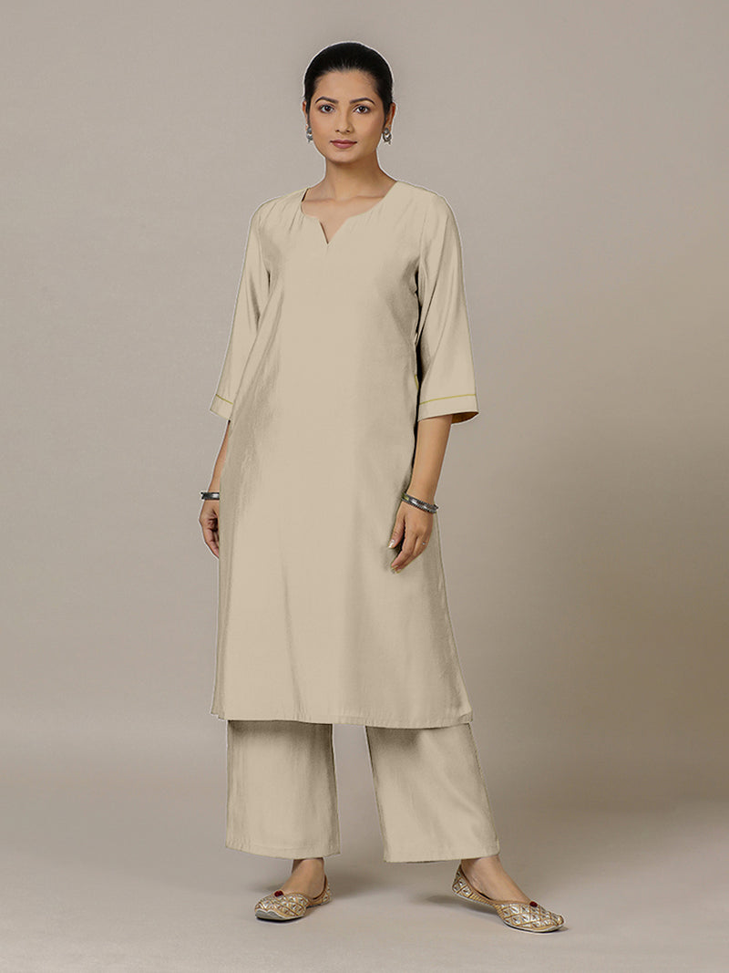 Sadaf x Rozaana | A Line Kurta in Oyster Grey with Thread Work | Coords or Only Kurta-Binks