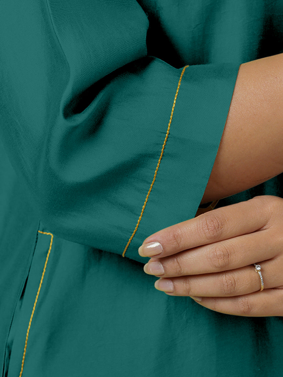 Sadaf x Rozaana Kurta, in Green Viscose, featuring three quarter sleeves and round neck with splitline (view 4).