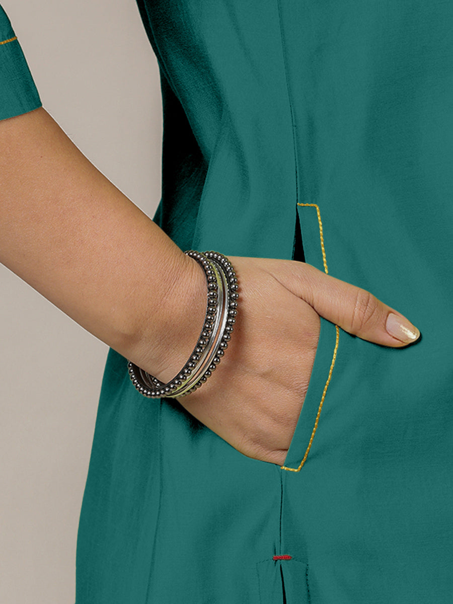 Sadaf x Rozaana Kurta, in Green Viscose, featuring three quarter sleeves and round neck with splitline (view 6).