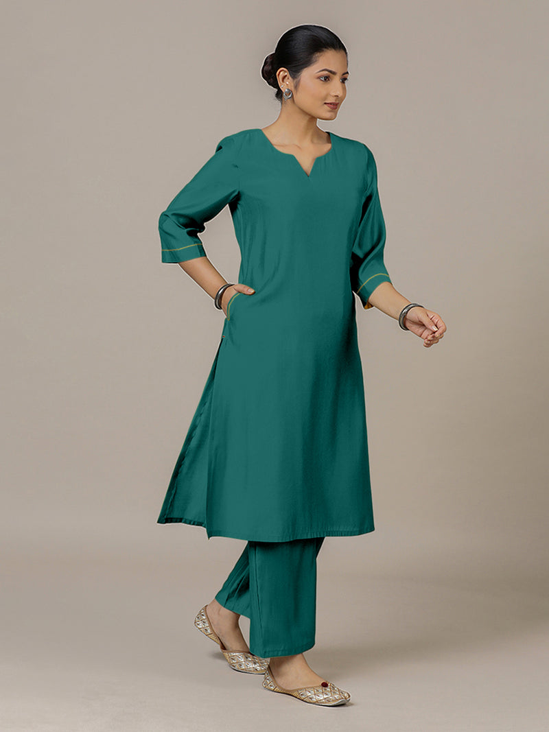 Sadaf x Rozaana | A Line Kurta in Peacock Green with Thread Work | Coords or Only Kurta-Binks