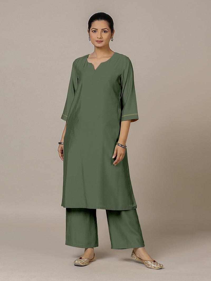 Sadaf x Rozaana | A Line Kurta in Pine Green with Thread Work | Coords or Only Kurta-Binks
