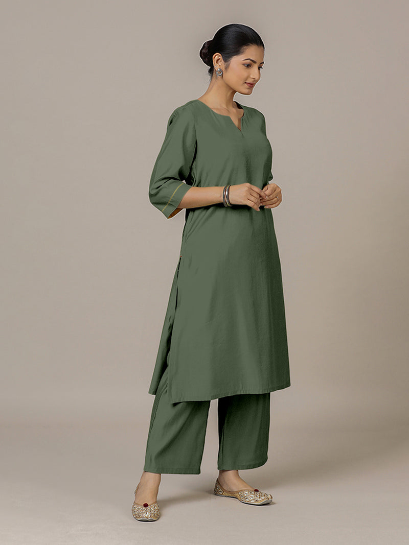 Sadaf x Rozaana | A Line Kurta in Pine Green with Thread Work | Coords or Only Kurta-Binks
