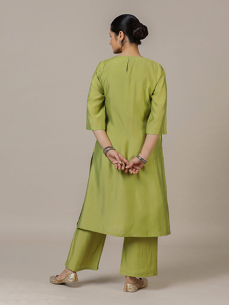 Sadaf x Rozaana | A Line Kurta in Pista Green with Thread Work | Coords or Only Kurta-Binks