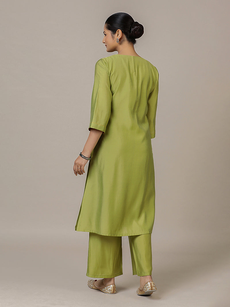 Sadaf x Rozaana | A Line Kurta in Pista Green with Thread Work | Coords or Only Kurta-Binks