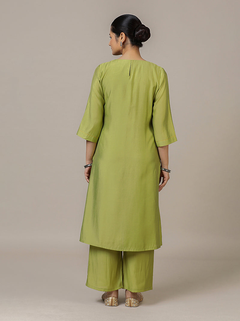 Sadaf x Rozaana | A Line Kurta in Pista Green with Thread Work | Coords or Only Kurta-Binks