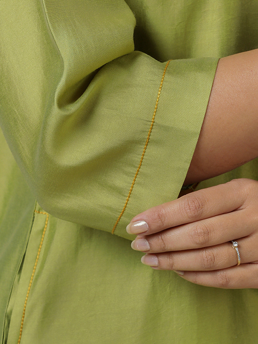 Sadaf x Rozaana Kurta, in Green Viscose, featuring three quarter sleeves and round neck with splitline (view 4).