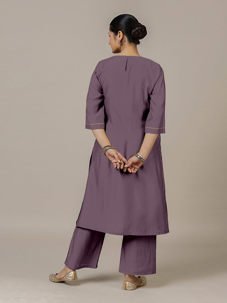 Sadaf x Rozaana Kurta, in Purple Viscose, featuring three quarter sleeves and round neck with splitline (view 2).