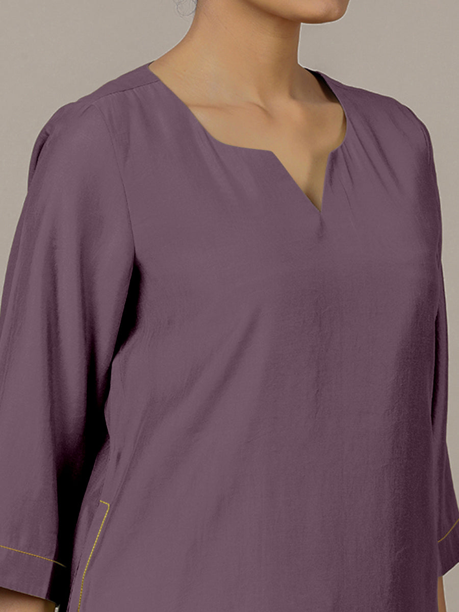 Sadaf x Rozaana Kurta, in Purple Viscose, featuring three quarter sleeves and round neck with splitline (view 4).