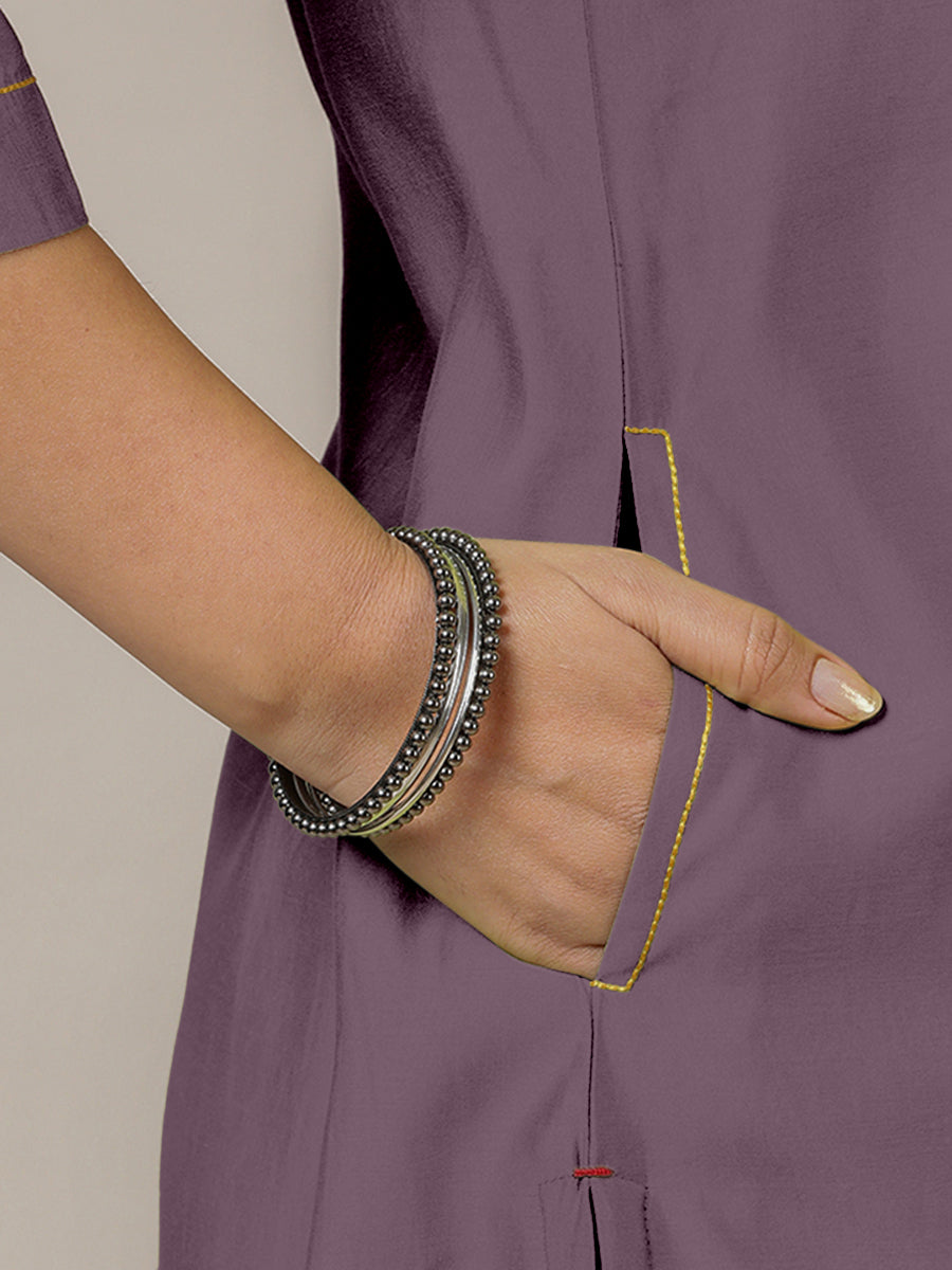 Sadaf x Rozaana Kurta, in Purple Viscose, featuring three quarter sleeves and round neck with splitline (view 5).