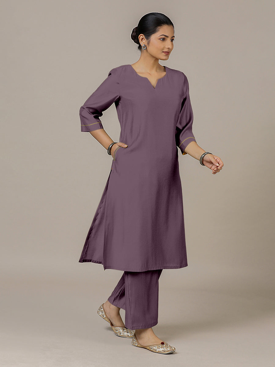 Sadaf x Rozaana Kurta, in Purple Viscose, featuring three quarter sleeves and round neck with splitline (view 7).