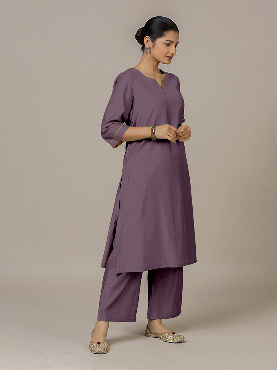 Sadaf x Rozaana Kurta, in Purple Viscose, featuring three quarter sleeves and round neck with splitline (view 8).