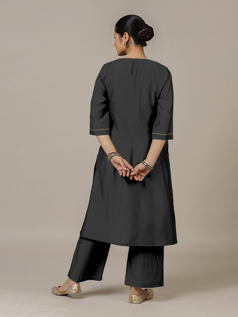 Sadaf x Rozaana Kurta, in Black Viscose, featuring three quarter sleeves and round neck with splitline (view 2).