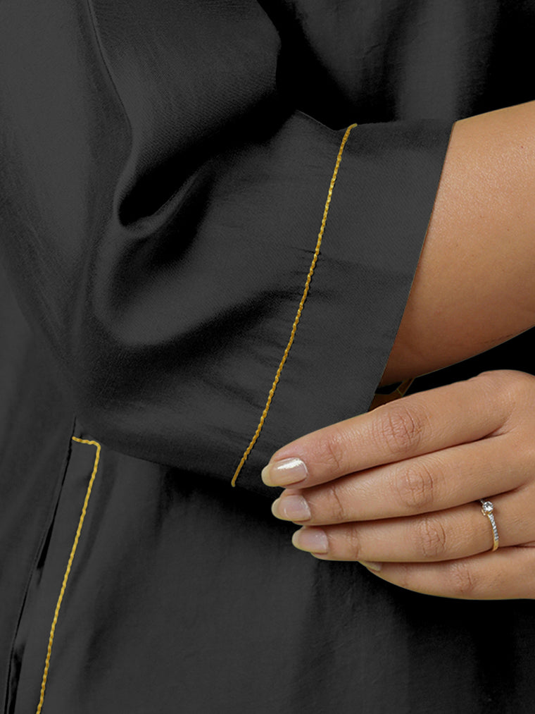 Sadaf x Rozaana Kurta, in Black Viscose, featuring three quarter sleeves and round neck with splitline (view 3).