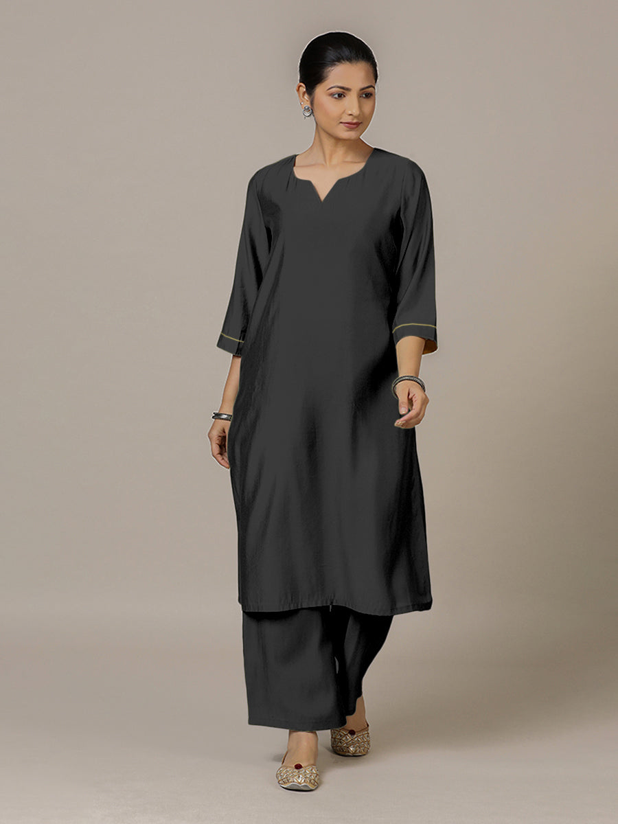 Sadaf x Rozaana Kurta, in Black Viscose, featuring three quarter sleeves and round neck with splitline (view 6).
