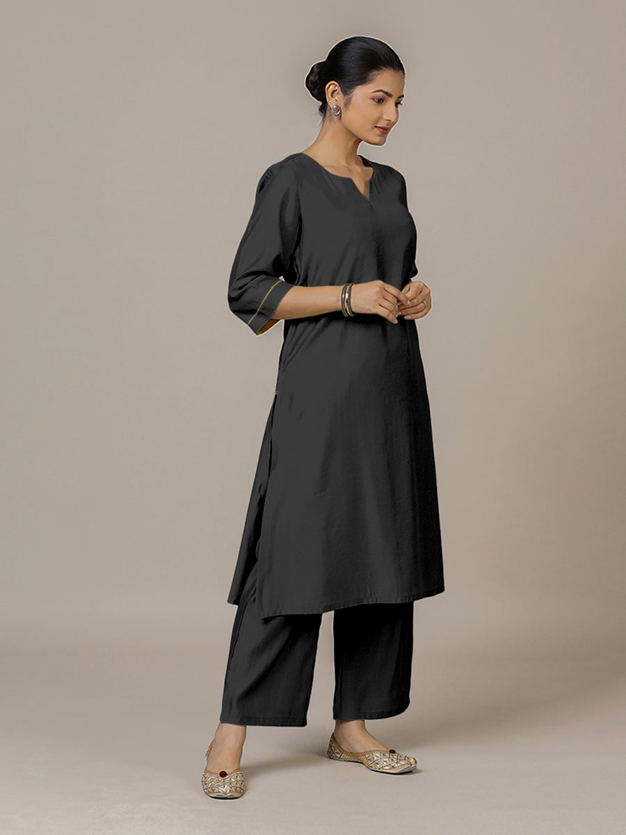 Sadaf x Rozaana Kurta, in Black Viscose, featuring three quarter sleeves and round neck with splitline (view 8).