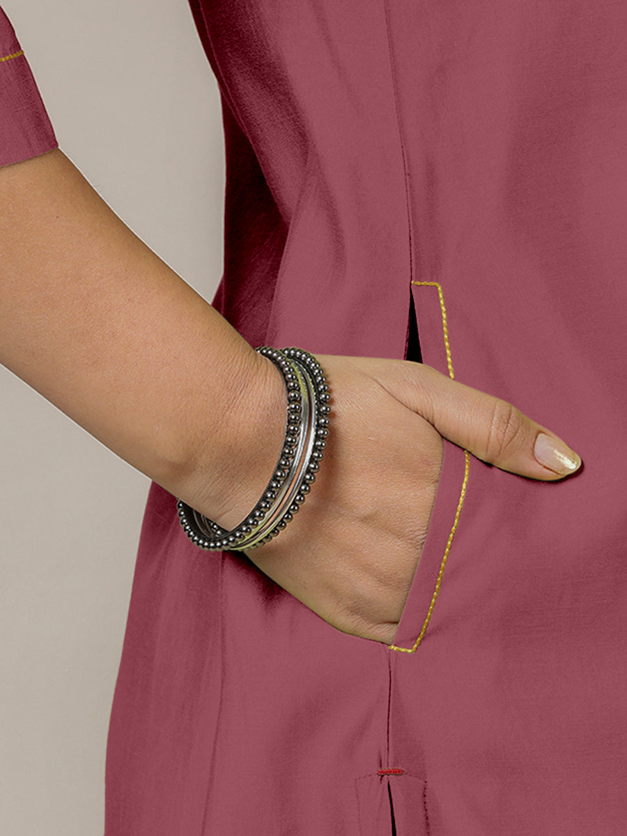 Sadaf x Rozaana Kurta, in Pink Viscose, featuring three quarter sleeves and round neck with splitline, made for daily & work.