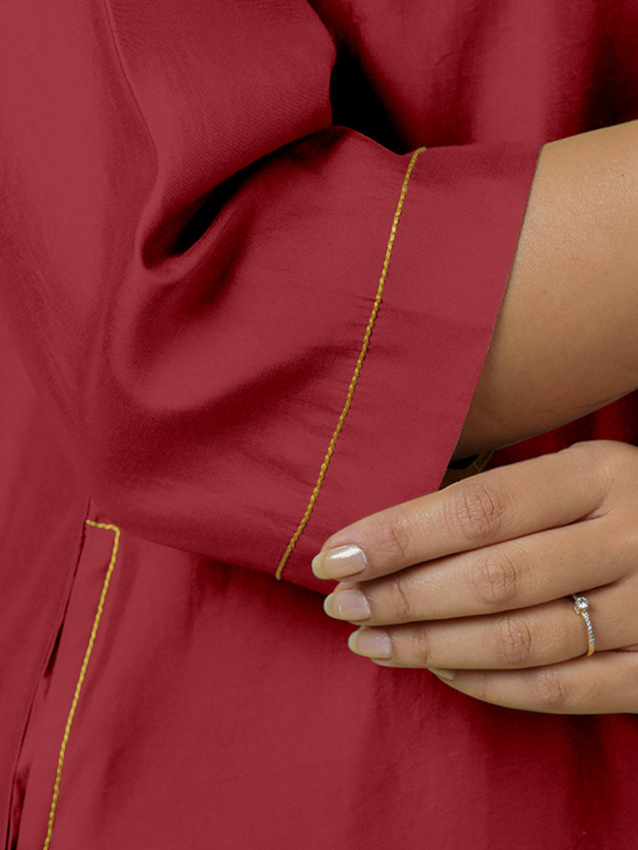 Sadaf x Rozaana Kurta, in Red Viscose, featuring three quarter sleeves and round neck with splitline, made for daily & work.