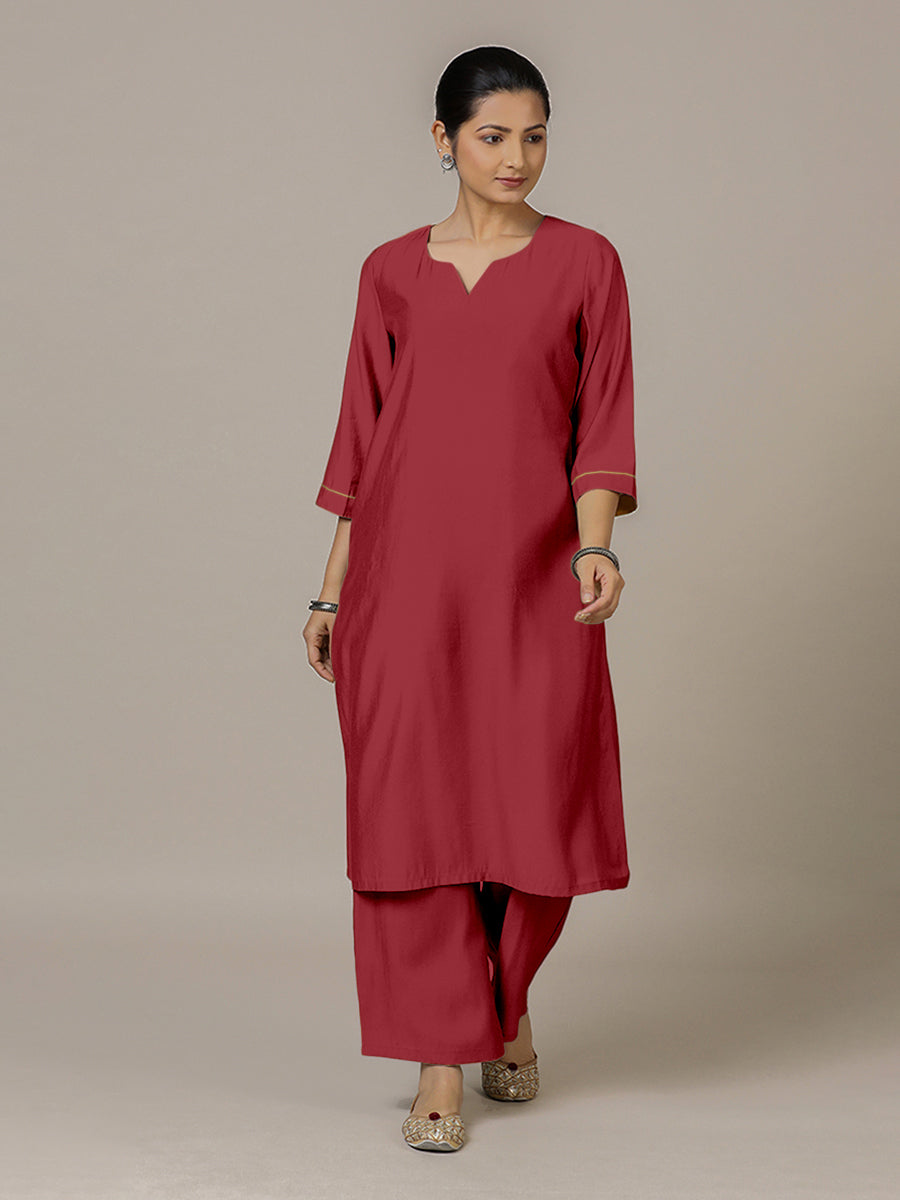 Sadaf x Rozaana Kurta, in Red Viscose, featuring three quarter sleeves and round neck with splitline, made for daily & work.