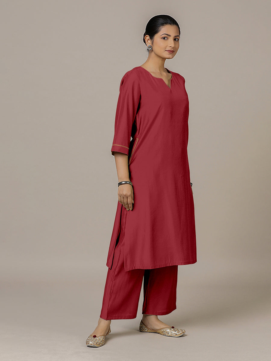 Sadaf x Rozaana Kurta, in Red Viscose, featuring three quarter sleeves and round neck with splitline, made for daily & work.