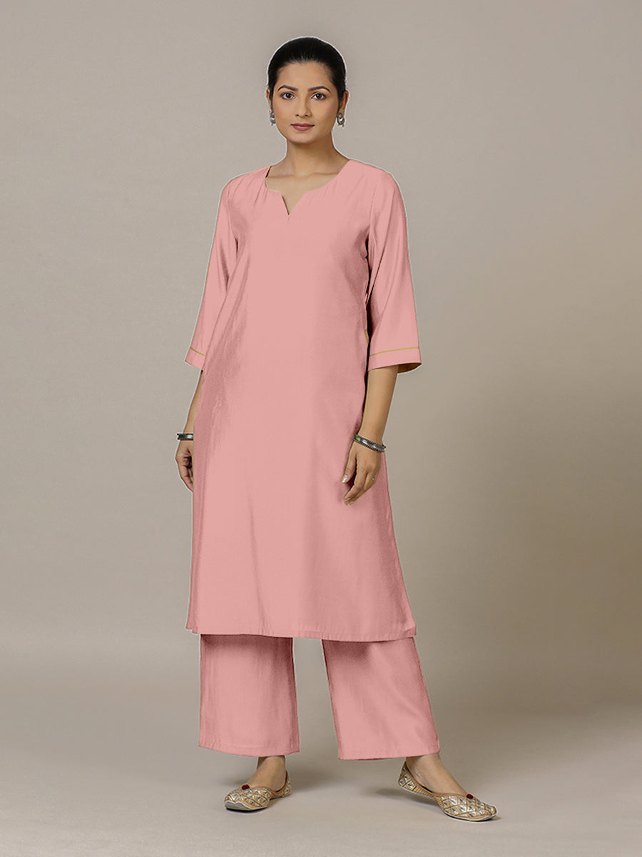 Sadaf x Rozaana Kurta, in Pink Viscose, featuring three quarter sleeves and round neck with splitline, made for daily & work.