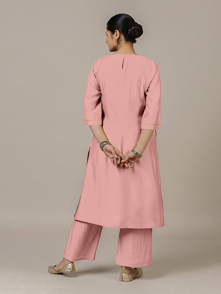 Sadaf x Rozaana Kurta, in Pink Viscose, featuring three quarter sleeves and round neck with splitline, made for daily & work.
