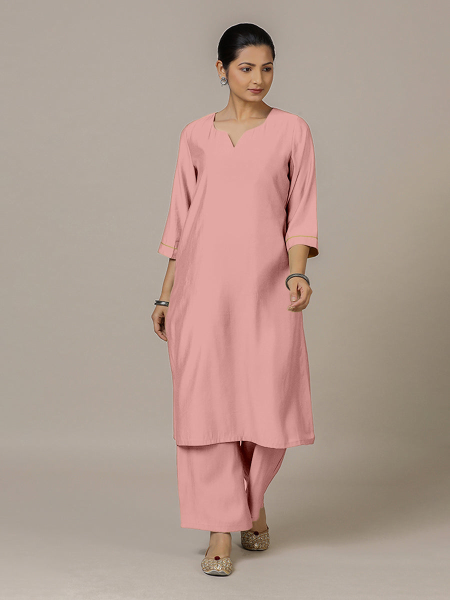 Sadaf x Rozaana Kurta, in Pink Viscose, featuring three quarter sleeves and round neck with splitline, made for daily & work.