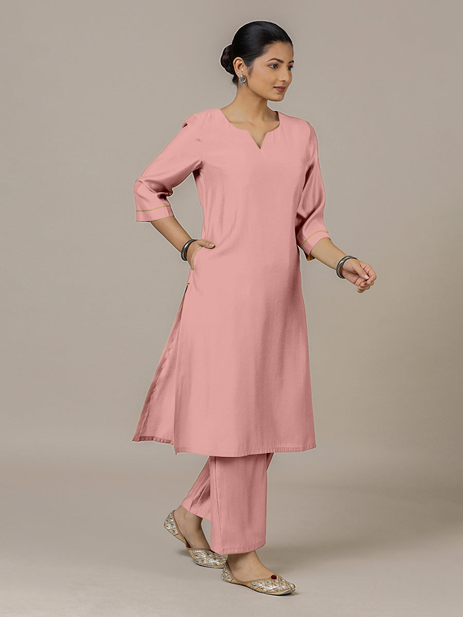 Sadaf x Rozaana Kurta, in Pink Viscose, featuring three quarter sleeves and round neck with splitline, made for daily & work.