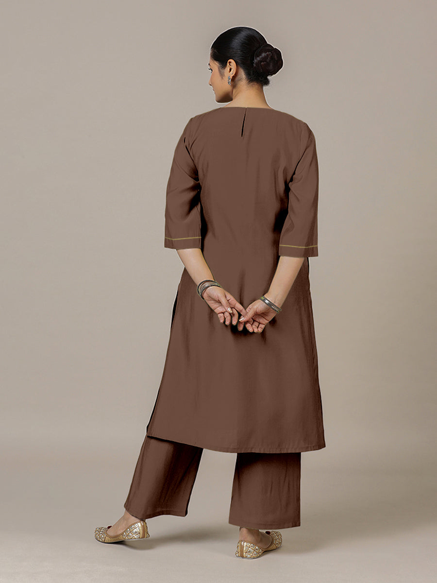 Sadaf x Rozaana Kurta, in Brown Viscose, featuring three quarter sleeves and round neck with splitline (view 2).