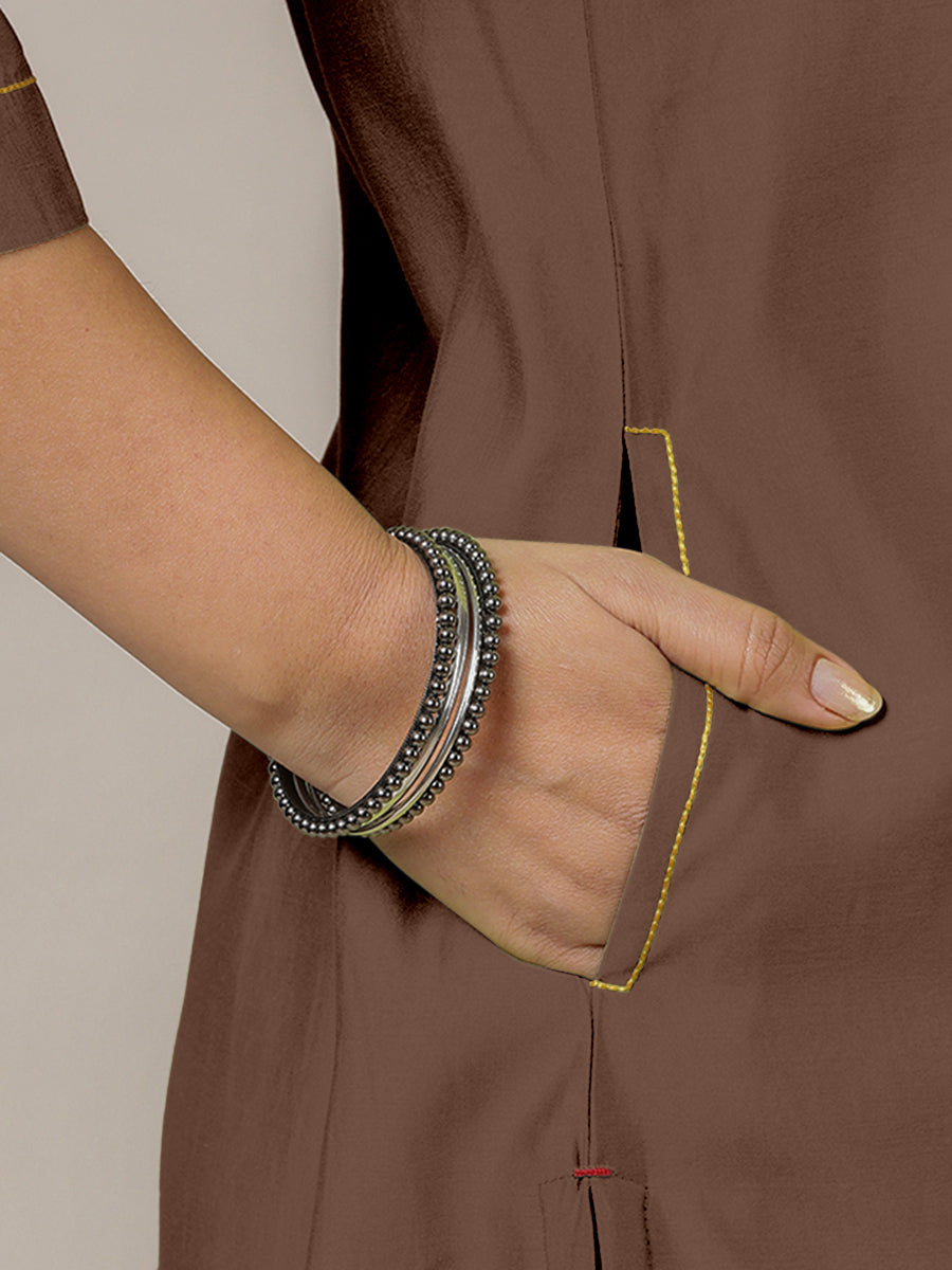 Sadaf x Rozaana Kurta, in Brown Viscose, featuring three quarter sleeves and round neck with splitline (view 5).