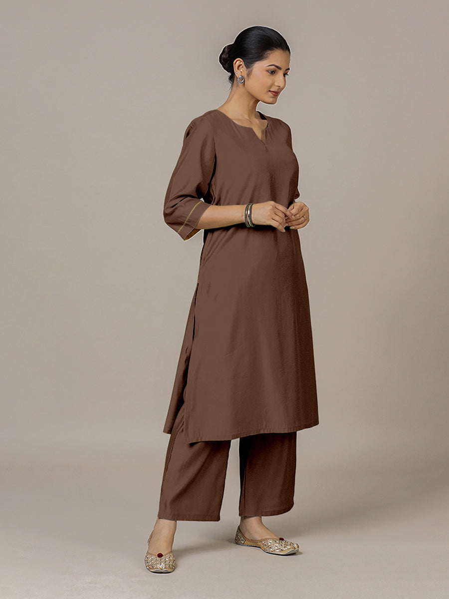 Sadaf x Rozaana Kurta, in Brown Viscose, featuring three quarter sleeves and round neck with splitline (view 8).