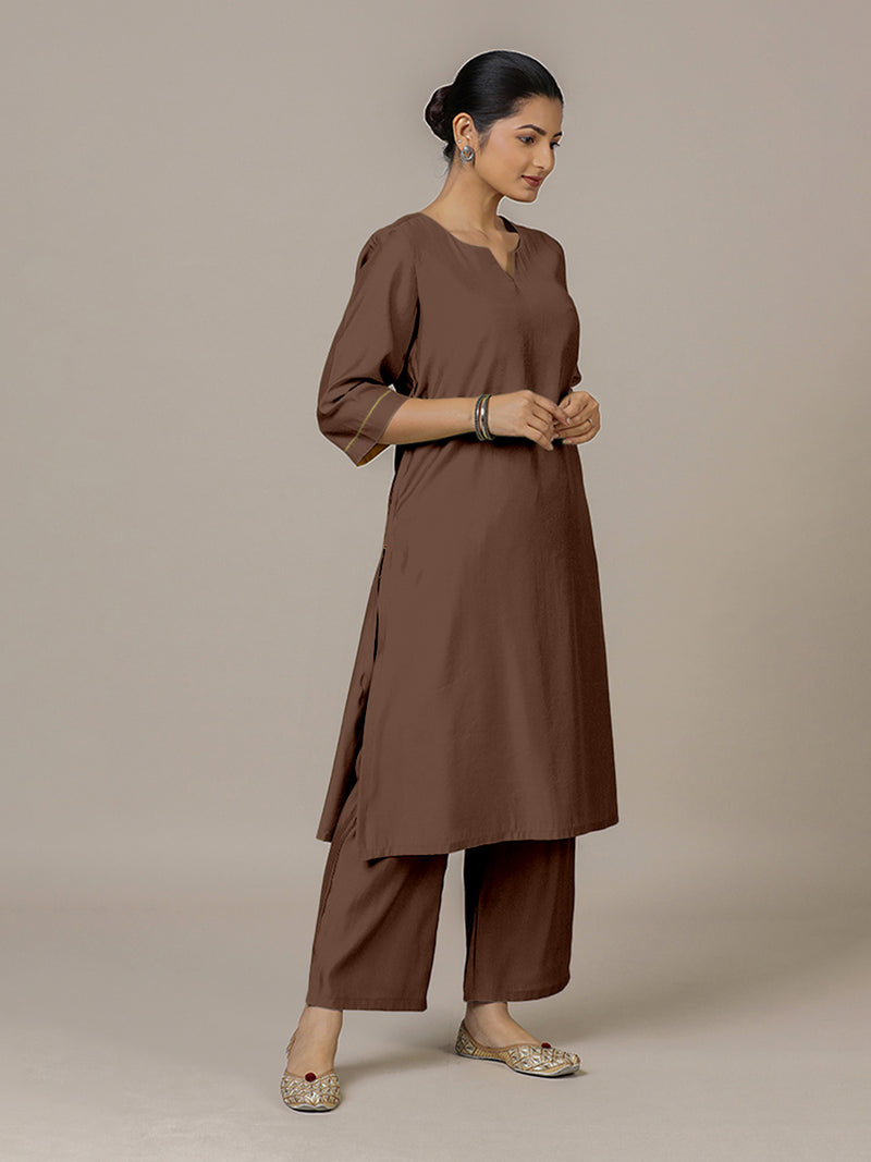 Sadaf x Rozaana | A Line Kurta in Walnut Brown with Thread Work | Coords or Only Kurta-Binks