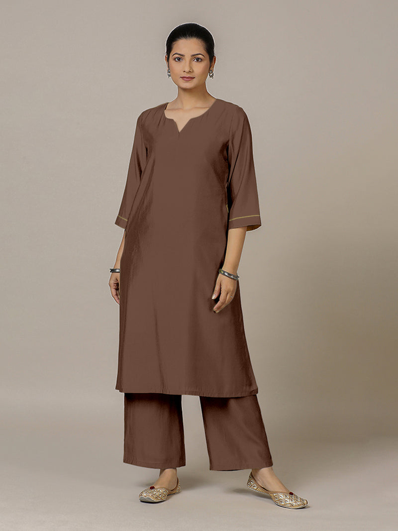 Sadaf x Rozaana | A Line Kurta in Walnut Brown with Thread Work | Coords or Only Kurta-Binks