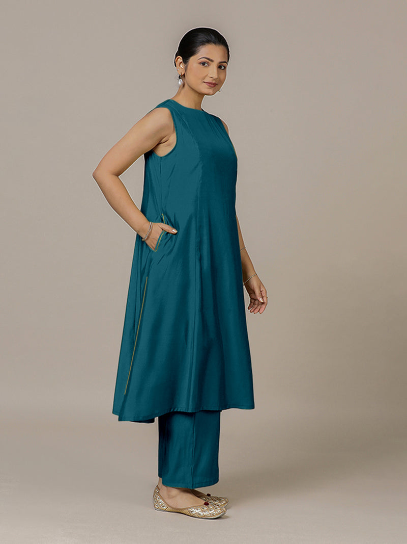 Sameera x Rozaana | A Line Kurta in Crystal Teal with Thread Work | Coords or Only Kurta-Binks