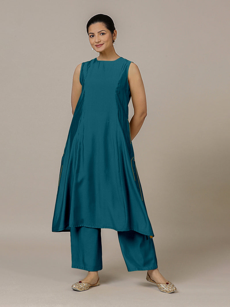 Sameera x Rozaana | A Line Kurta in Crystal Teal with Thread Work | Coords or Only Kurta-Binks