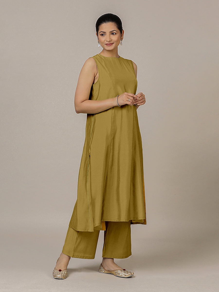 Sameera x Rozaana Kurta, in Yellow Viscose, featuring sleeveless and jewel neckline, made for daily & work (view 5).